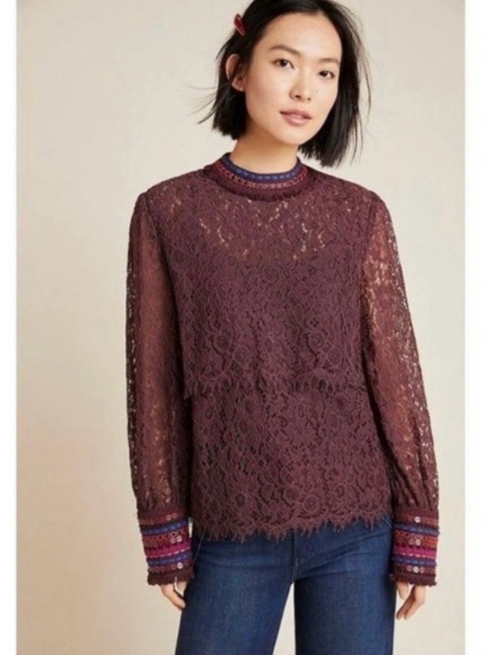 Anthropologie’s Blank London Lace Long-Sleeve Blouse - Plum